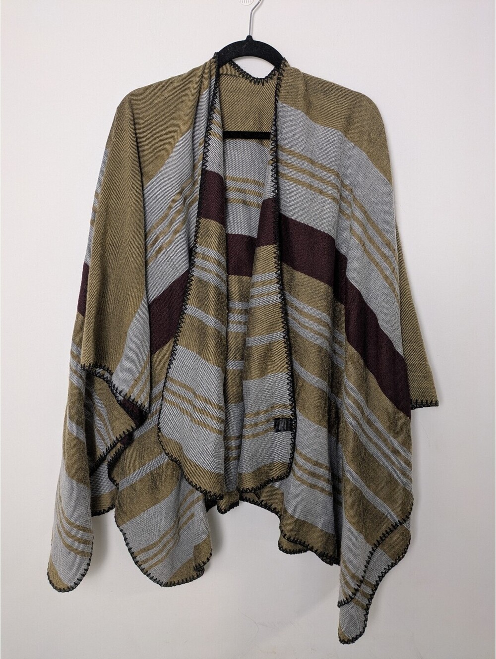 Boho Striped Open Front Knit Poncho Cape One Size Olive & Burgundy Blanket Wrap